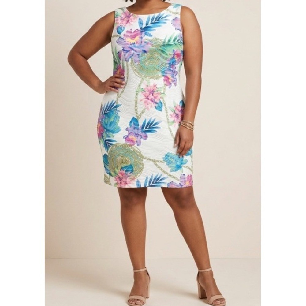 Jennifer Lopez XL Tropical Floral Sheath Dress Sleeveless Texture Bodycon Spring